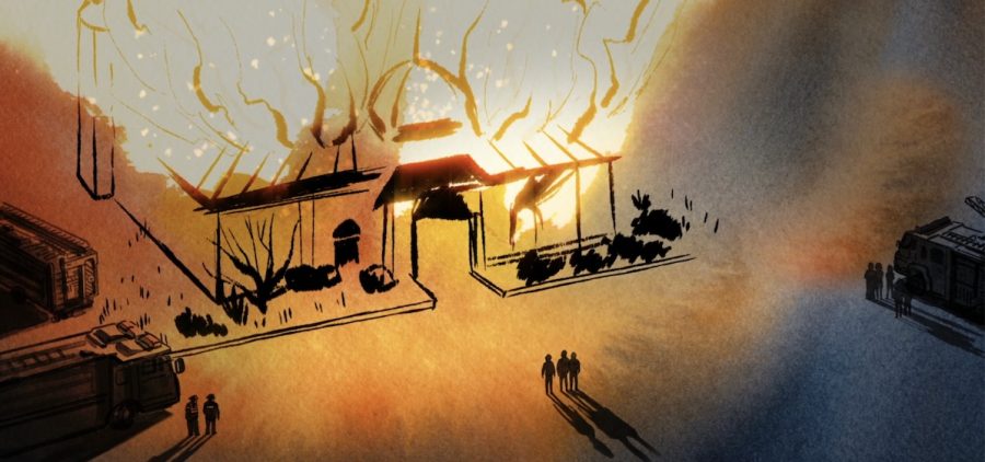Cartoon drawing of Islamic center on fire. Firetrucks and people nearby. Image nearly glows orange from fire.