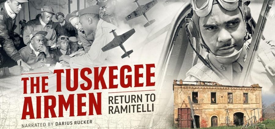 movie poster for TUSKEGEE AIRMEN documentary. Included title over fighter planes, men studying maps, and pilot flying