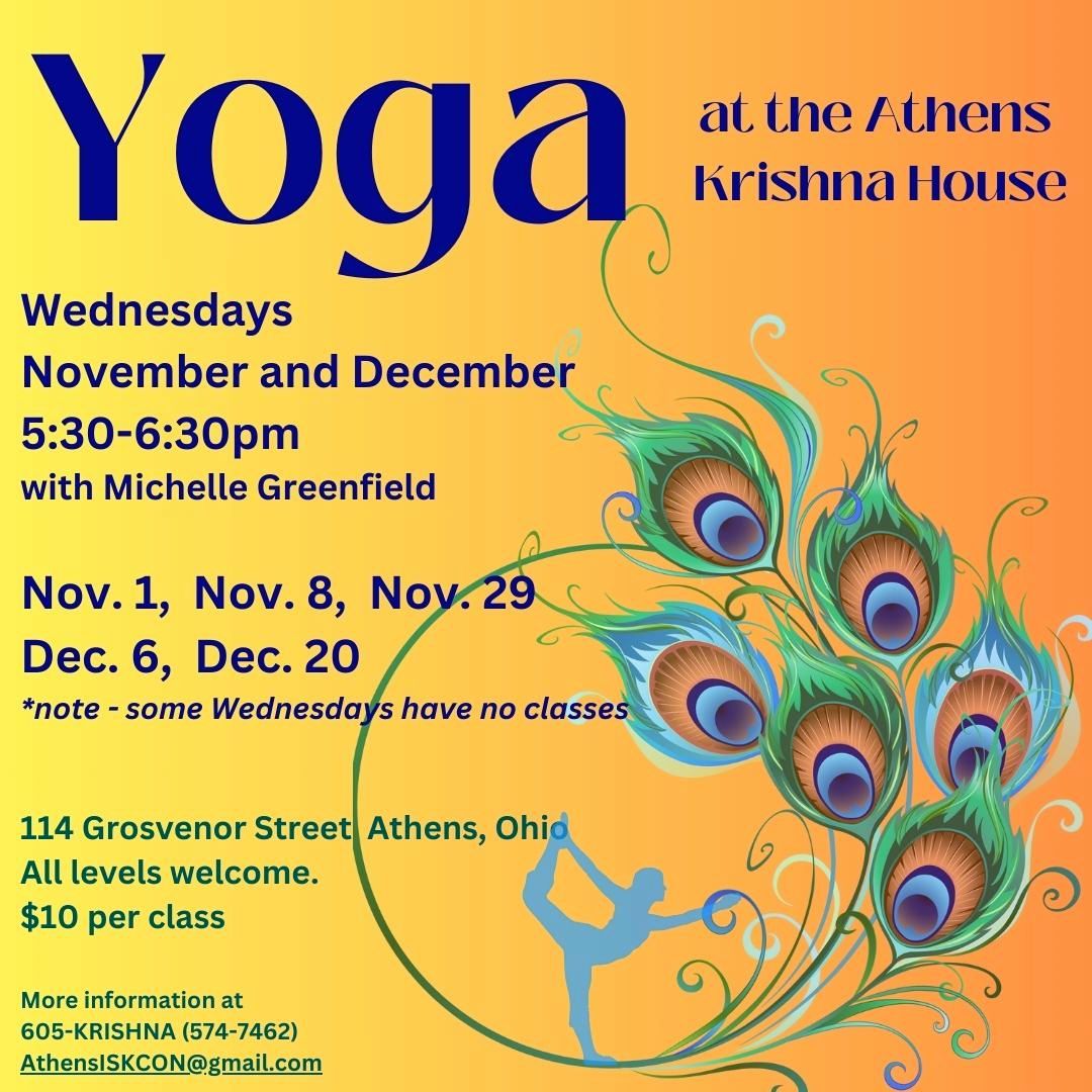 A flyer for Yoga at Athens Krishna House. The flyer reads 5:30-6:30 p.m., all levels welcome.