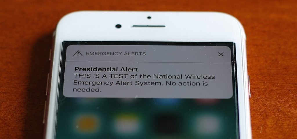The first test of the national wireless emergency system by the Federal Emergency Management Agency is shown on a cellular phone in Detroit.