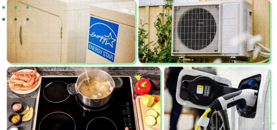 A collage shows an energy star dryer, a heat pump, an induction stove and an electric car being charged.