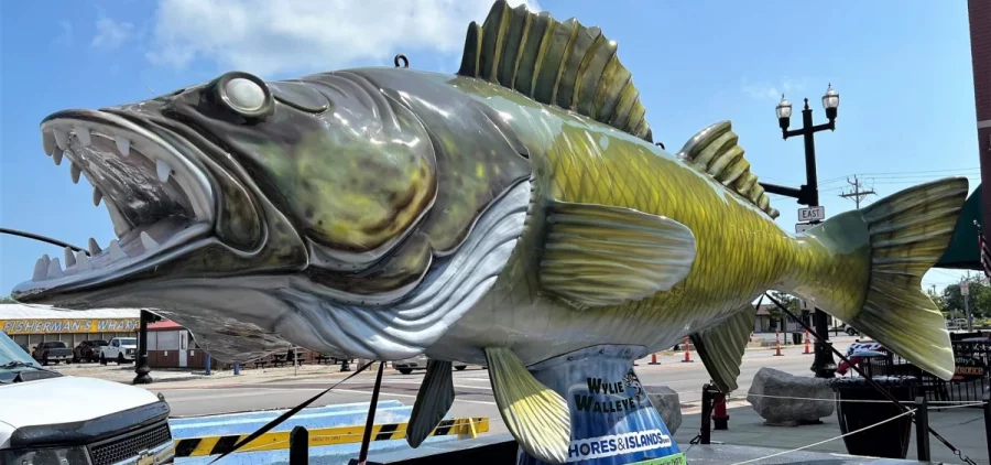 Wylie the Walleye, Port Clinton's 600-pound fiberglass walleye mascot, is situated in a town square, where tourists can take selfies with it.
