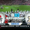 A TV shows the Ohio State Purdue football game broadcasting on the Peacock streaming service