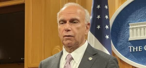 Sen. Jerry Cirino talks at a podium about Senate Bill 83 in a press conference just after the bill was introduced in March 2023.