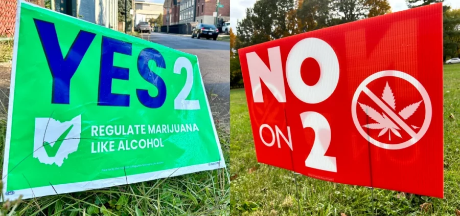 A green sign on the left supports Issue 1 and a red sign on the right opposes issue 2