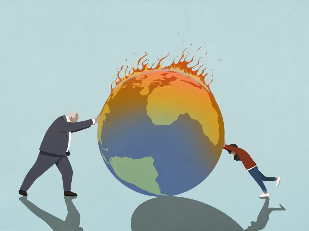 An illustration shows an old man in a suit pushing an Earth on fire toward a young girl who is pushing back.