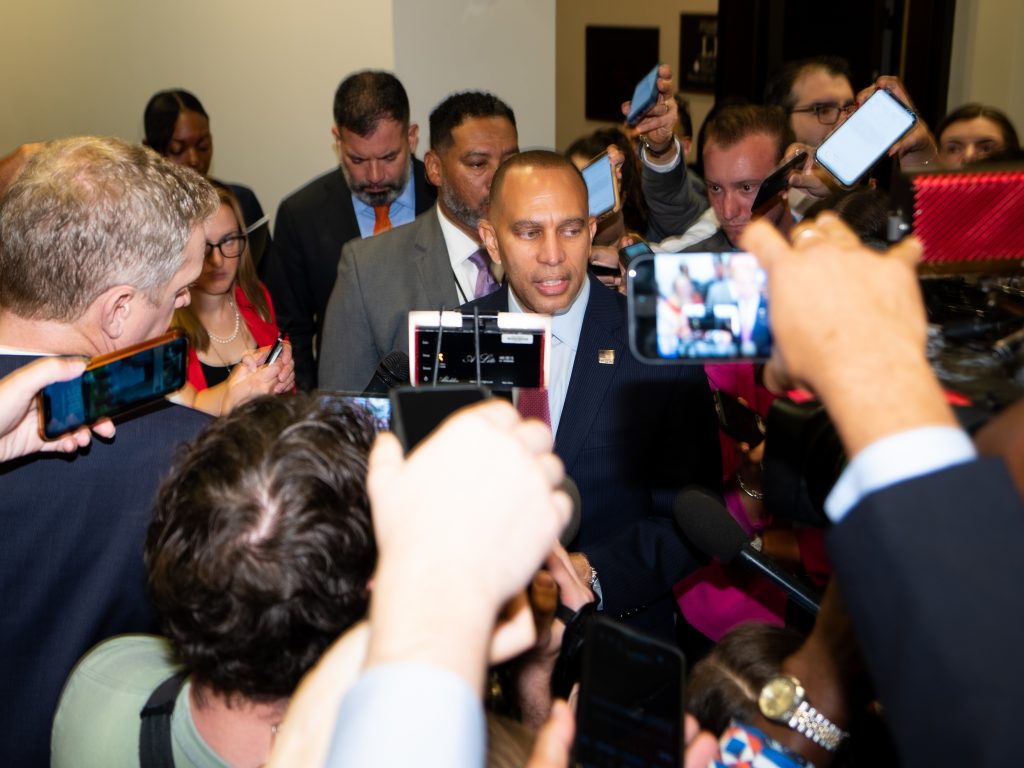House Minority Leader Hakeem Jeffries speaks to reporters outside of the House's chambers.