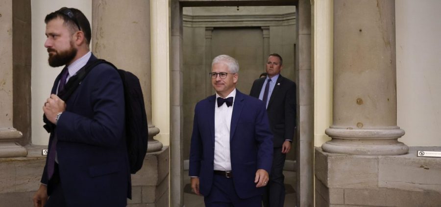 House Speaker Pro Tempore Patrick McHenry (R-NC) (C) walks out of the offices of former Speaker of the House Kevin McCarthy (R-CA) as he heads to the House Chamber