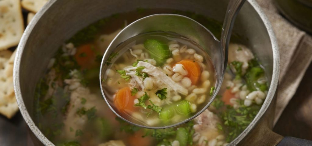 Chicken and Barley, Vegetable Soup with Onions, Carrots, Celery and Saltine Crackers
