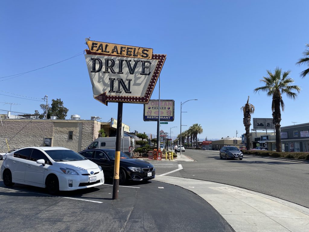 Falafel's Drive In is on a car-friendly boulevard in San Jose, California, where we struggled to cross the four lanes of traffic by foot. San Jose is trying to build denser neighborhoods, but it's a challenge.