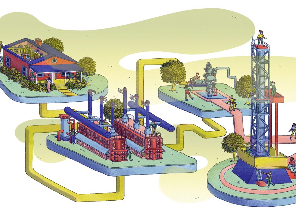 An illustration shows the cycle of natural gas from extraction to home use.