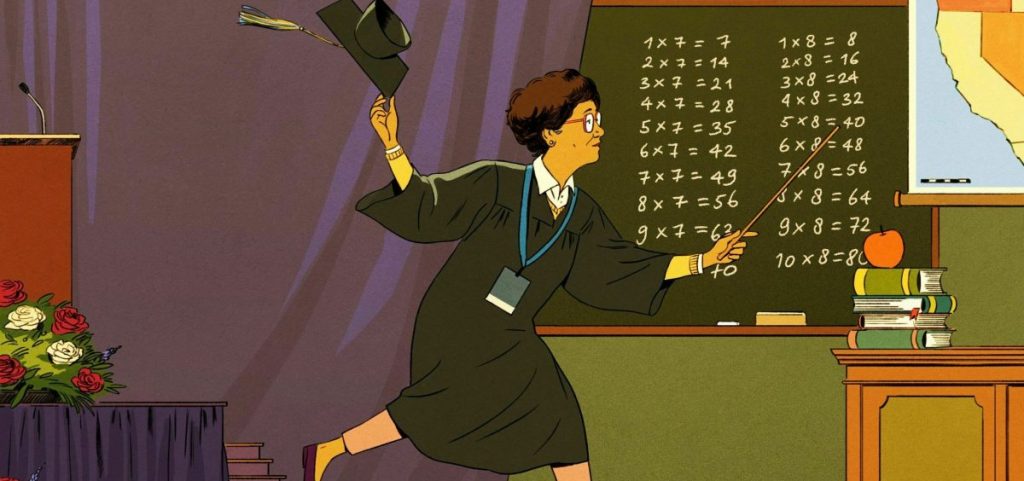 An illustration shows a new graduate jumping into the classroom to teach.
