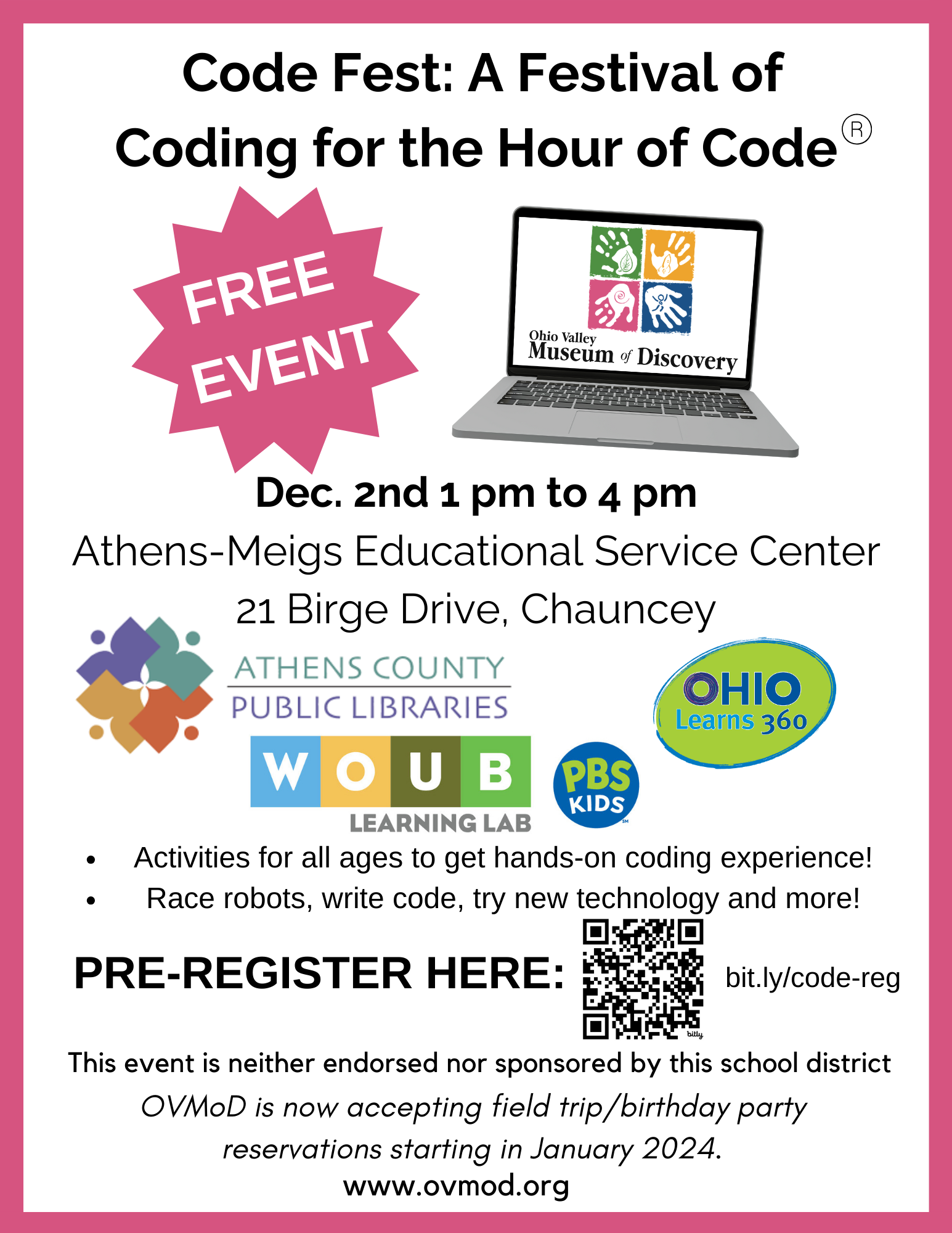 A flyer advertising Code Fest: A Festival of Coding for the Hour of Code.