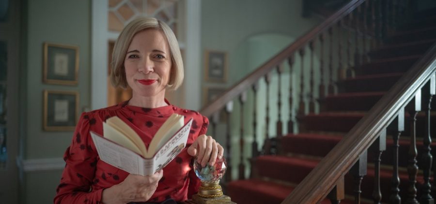 Lucy Worsley reading The Murder of Roger Ackroyd on location in a Torquay villa. Staircase in the background Credit: Tom Hayward