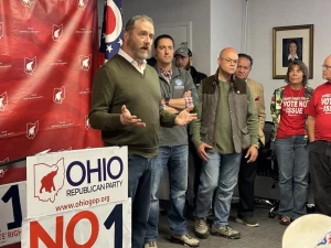 Ohio Attorney general David Yost stands next to other officas at the GOP headquarters before the November 7, 2023 general election