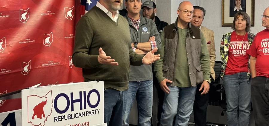 Ohio Attorney general David Yost stands next to other officas at the GOP headquarters before the November 7, 2023 general election