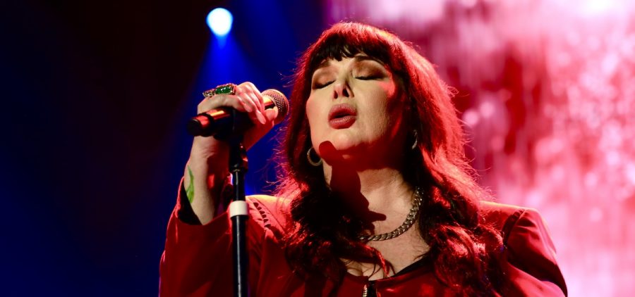 Ann Wilson performs on stage. She is singing into a microphone.
