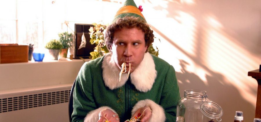 An image of the central character of "Elf" eating spaghetti and candy.