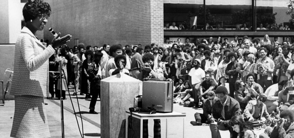Shirley Chisholm, the first Black woman elected to U.S. Congress, was running for president in 1972 when she had a remarkable interaction with the pro-segregation George Wallace, then governor of Alabama. Her efforts to build bridges with him ultimately changed his point of view. She's pictured here giving a speech at Laney Community College during her presidential campaign.