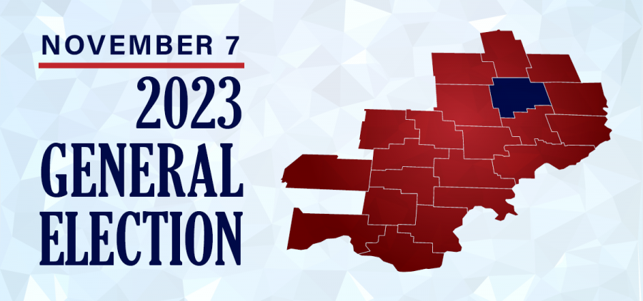 A graphic highlights Guernsey County on a map for the 2023 election