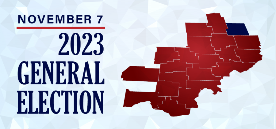 A graphic highlighting Harrison County for the 2023 general election