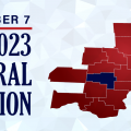 A graphic highlights Vinton County on a map for the 2023 election