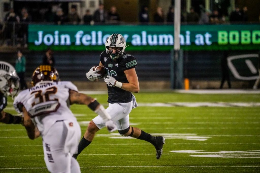 Tyler Foster runs after he caught a pass during Ohio's game against Central Michigan [Conor Mallonn | WOUB]
