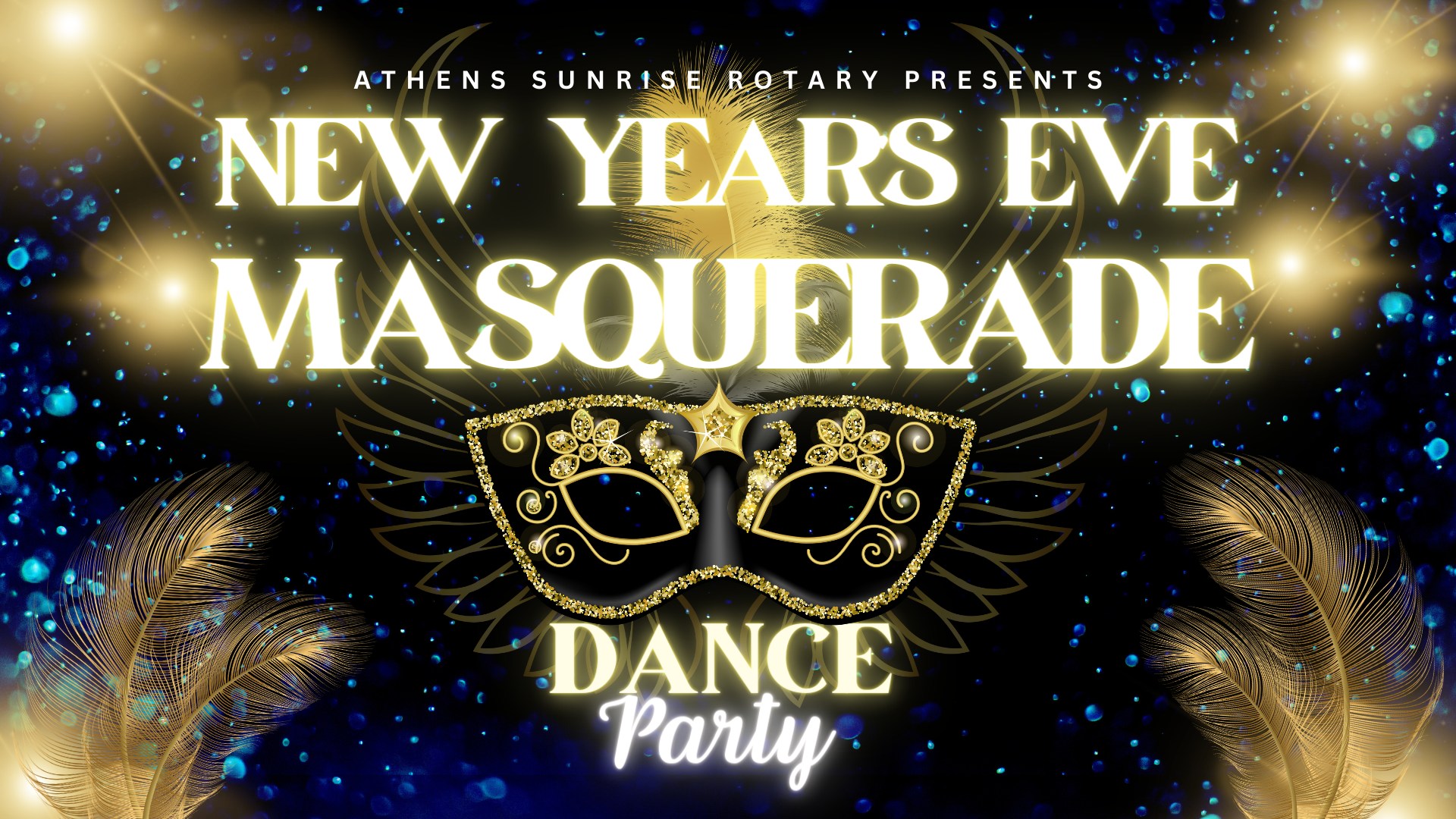 An image of a graphic promoting the New Years Eve Masquerade. The image is black with gold accents.