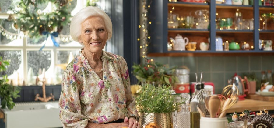 Mary Berry on set ornately decorated for the Christmas holiday. Credit:Mark Mainz