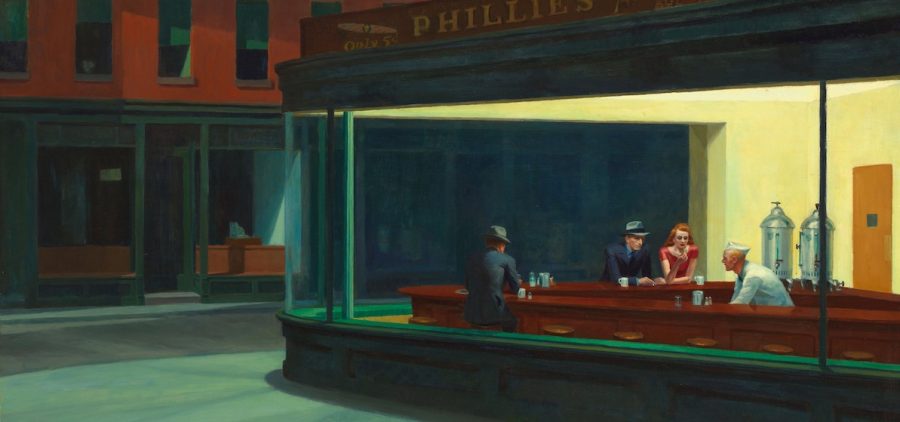 Edward Hopper, Nighthawks, 1942 Credit: Art Institute Chicago painting of evening at a diner from the outside. Worker and three customers can be seen.