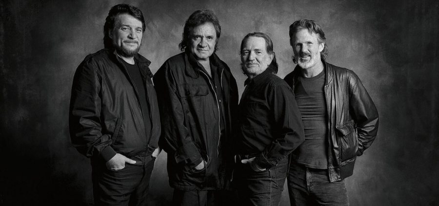 Willie Nelson, Waylon Jennings, Johnny Cash and Kris Kristofferson black and white group press photo