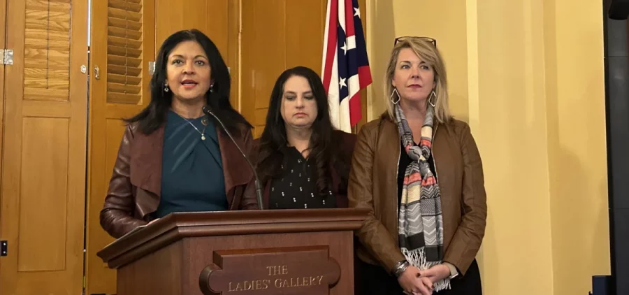 Dr. Anita Somani (left) and Dr. Beth Liston (center) and House Minority Leader Allison Russo (right) talk about the bill to repeal or change abortion policy in Ohio at a press conference in November 2023.