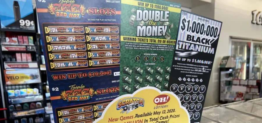 An advertisement for scratch-off lottery tickets in a gas station