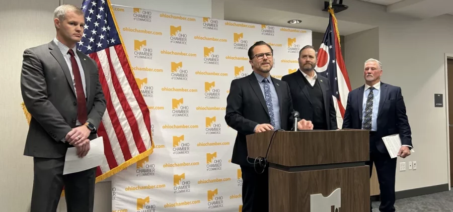 Left to right - Bryan Lindsay (Walgreens), Rick Carfagna (Ohio Chamber of Commerce), Ohio Attorney General Dave Yost, Retired Judge Scott VanDerKarr speak to reporters about retail crime at the Ohio Chamber of Commerce in Columbus
