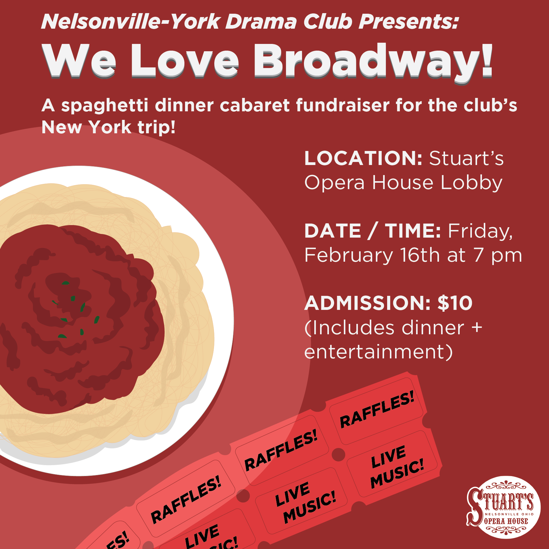 A flyer for the We Love Broadway event happening at Stuart's Opera House.