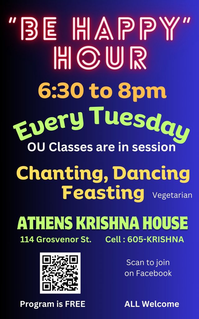 A flyer with information on Athens Krishna House's 'Bee Happy' Hour.