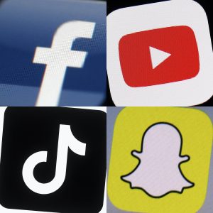 This combination of 2017-2022 photos shows the logos of Facebook, YouTube, TikTok and Snapchat on mobile devices. A trade group representing TikTok, Snapchat, Meta and other major tech companies sued Ohio on Friday, Jan. 5, 2024 over a pending law that requires children to get parental consent to use social media apps. 