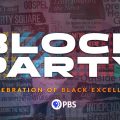 Block Party title over faded text of PBS programming that features Black men and women