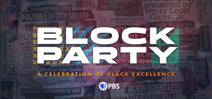 Block Party title over faded text of PBS programming that features Black men and women