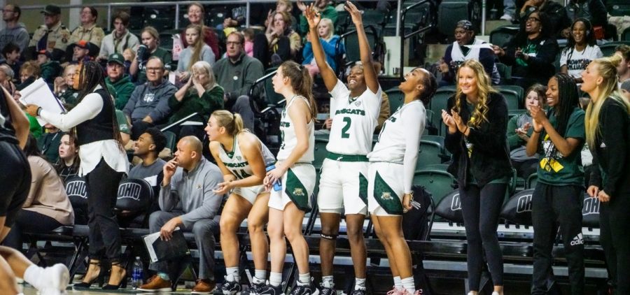 Ohio celebrates on the bench in its win over Eastern Michigan.