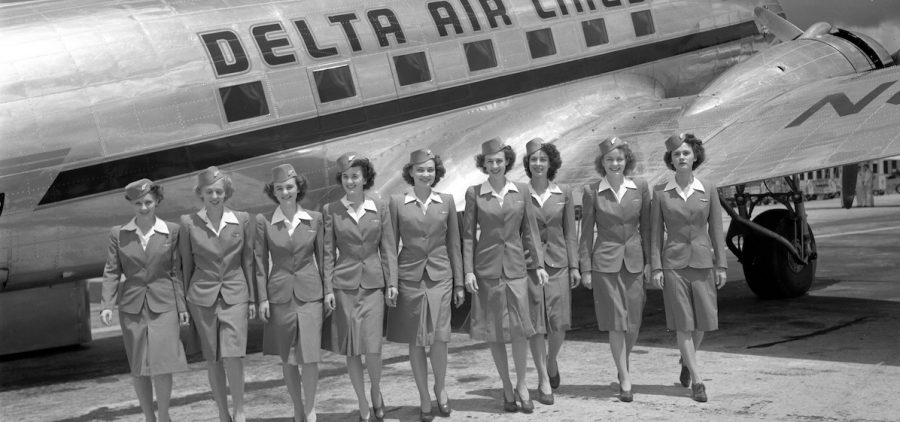 Delta stewardess graduation class in front of plane, Atlanta, July 1944. Credit: Delta Air Lines