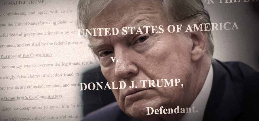 close up of Donald Trump over legal conspiracy paperwork. Text superimposed over both "United States of America v. Donald J. Trump, defendant