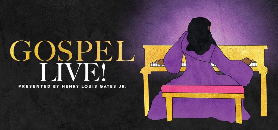 Gospel Live title slide. Cartoon image of back of black woman playing church piano