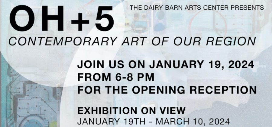 An image of a flyer about the opening of OH+5 at the Dairy Barn Arts Center.