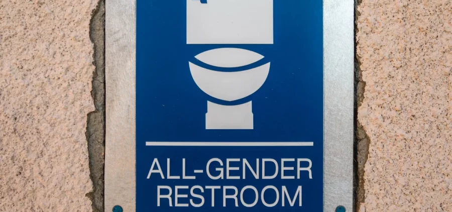 An "all gender restroom" sign at a public restroom.