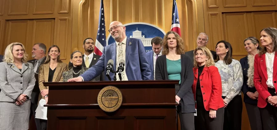 Republican lawmakers who overrode Gov. Mike DeWine's veto of a bill that bans trans athletes from playing on girls' sports teams and limits health care for trans kids at a news conference