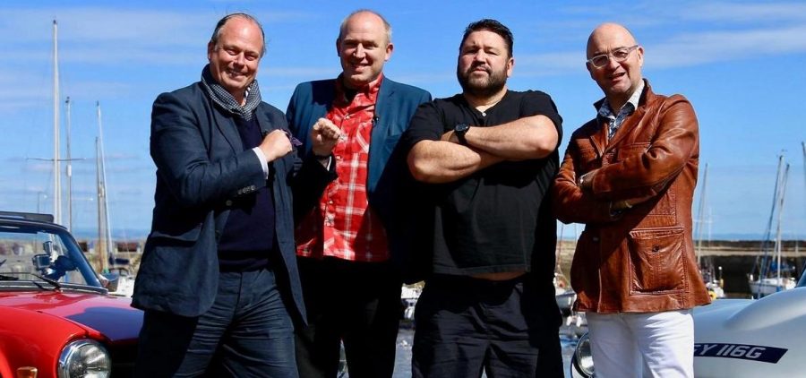 Comedians Tim Vine and Ricky Grover with two antique experts in front of classic cars