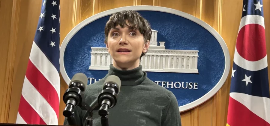 Alyson Stoner, former Disney star from the Toledo area, speaks to reporters about the need for a law to protect kid influencers on social media