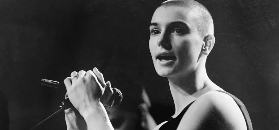 A black and white picture of Sinéad O'Connor.