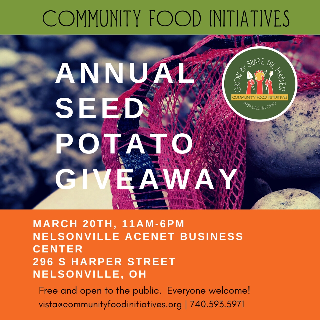 A flyer for Community Food Initiatives Annual Seed Potato Giveaway.